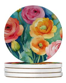 Ranunculus in Watercolor Large Sandstone Coasters Pack of 4 Absorbent Round Coasters Decor Gifts for Men or Women, 4 in, Multicolor