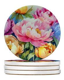 Peonies in Watercolor Large Sandstone Coasters Pack of 4 Absorbent Round Coasters Decor Gifts for Men or Women, 4 in, Multicolor