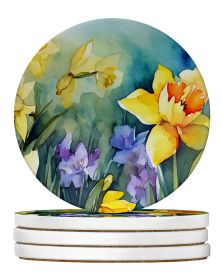 Daffodils in Watercolor Large Sandstone Coasters Pack of 4 Absorbent Round Coasters Decor Gifts for Men or Women, 4 in, Multicolor