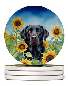 Labrador Retriever in Sunflowers Large Sandstone Coasters Pack of 4 Absorbent Round Coasters Decor Gifts for Men or Women, 4 in, Multicolor